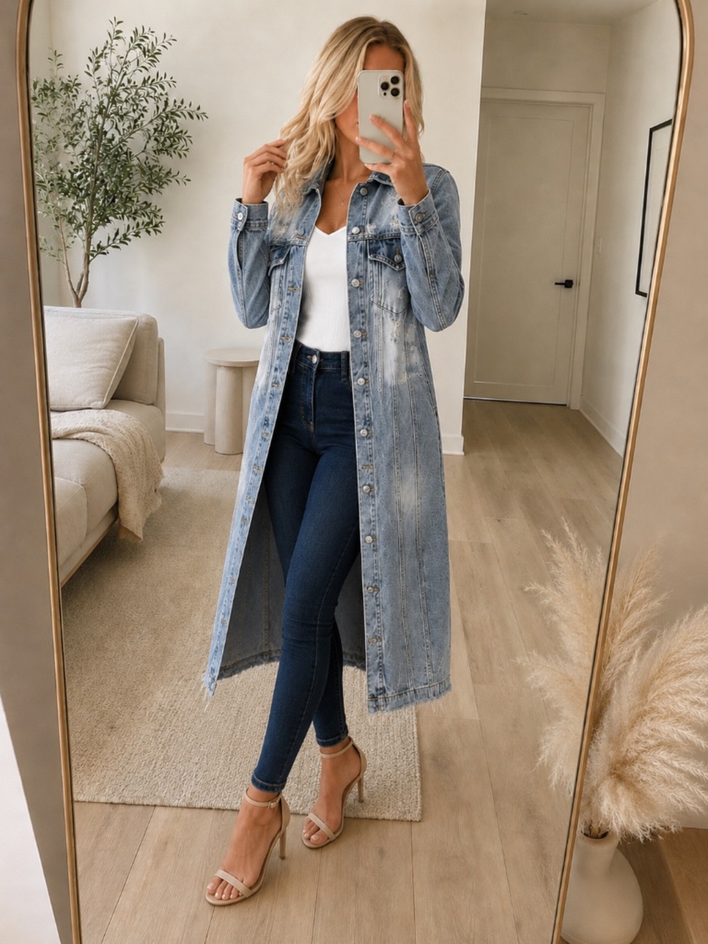 NWT Light Wash Long Denim Jacket Distressed Small